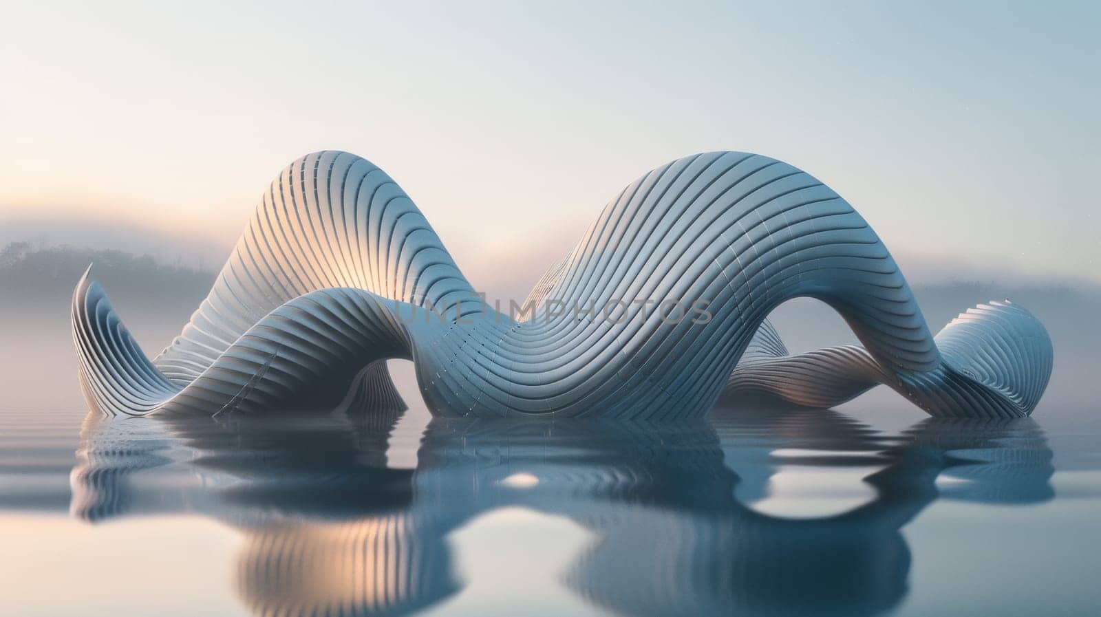 A sculpture of a wave in the water with some clouds, AI by starush