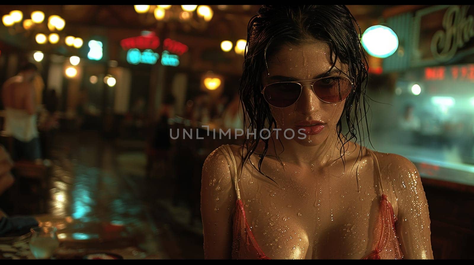 A woman in a bar wearing sunglasses and wet hair, AI by starush