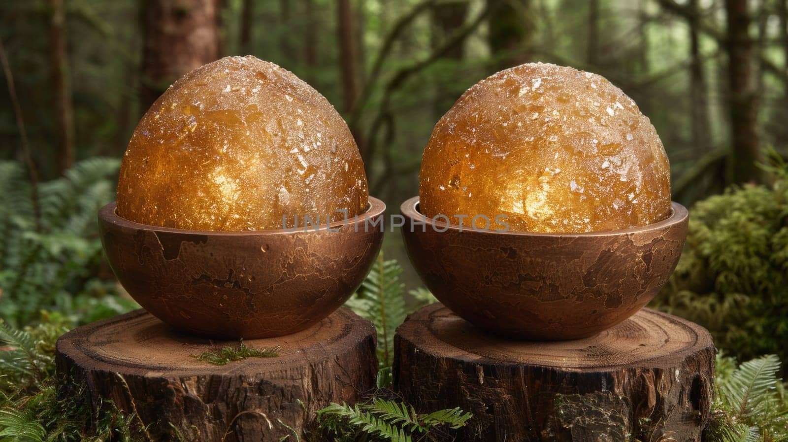 Two large eggs are sitting on top of some logs
