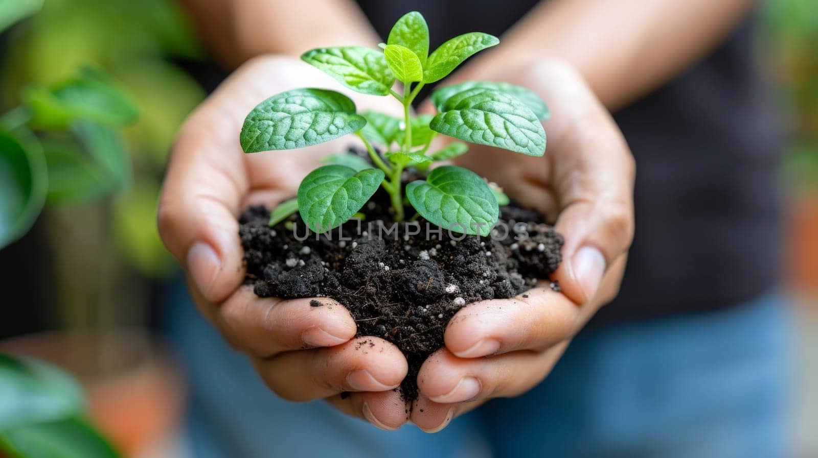 A person holding a small plant in their hands with dirt, AI by starush