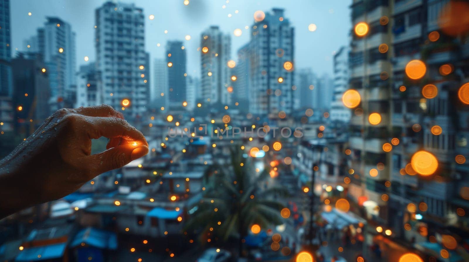 A person holding a lit up object in front of city lights, AI by starush