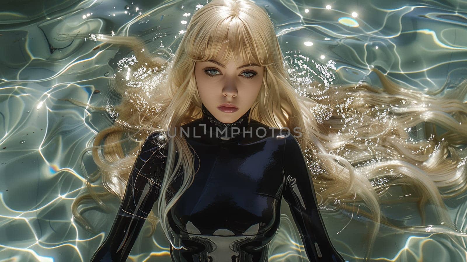 A woman with blonde hair in a black suit floating on water, AI by starush