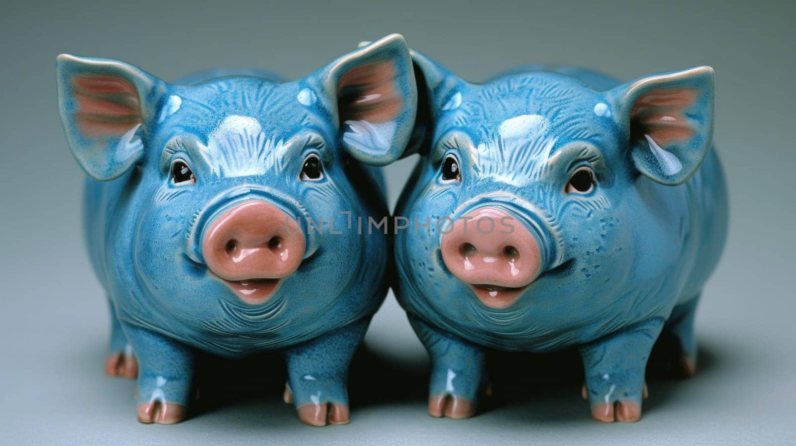 Two ceramic blue pigs with pink noses and big eyes