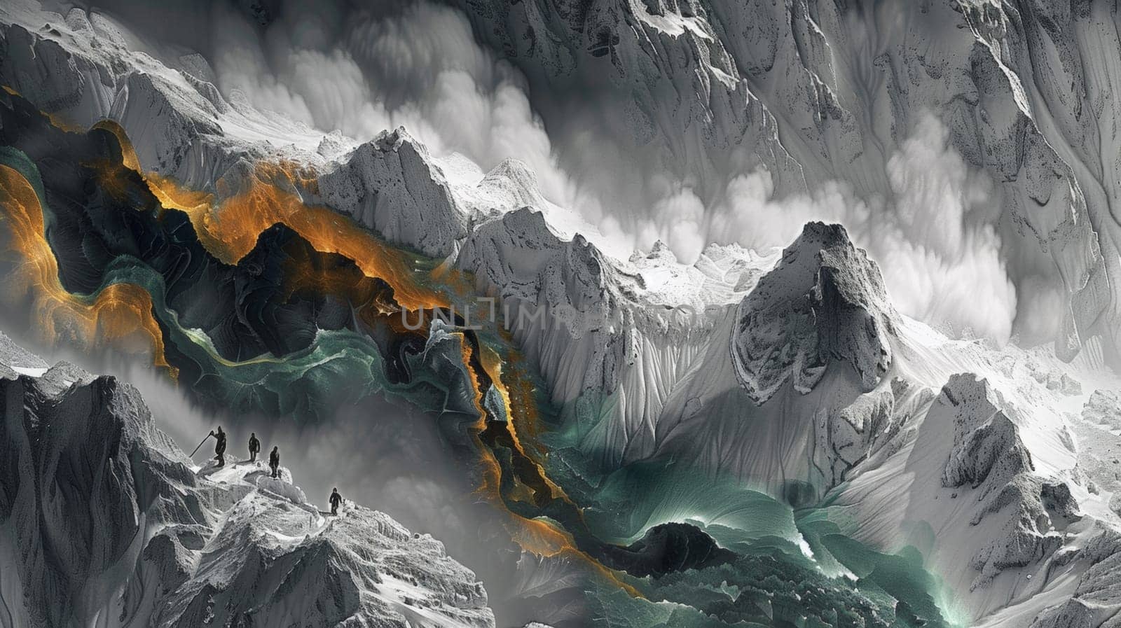 A painting of a mountain with orange and yellow flames