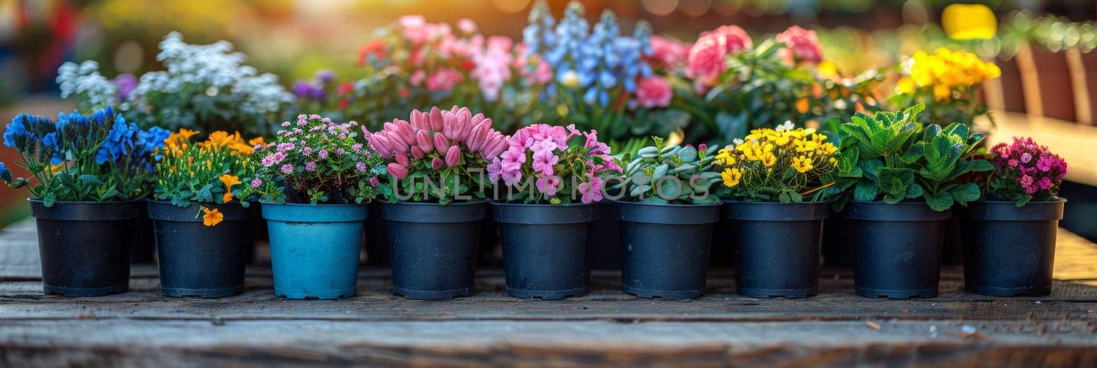 A bunch of different colored flowers in black pots on a table