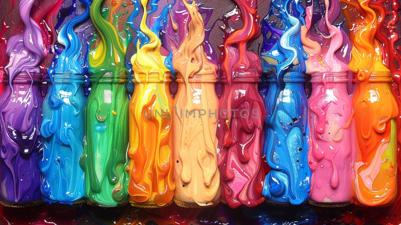 A row of colorful bottles with liquid flowing out from them