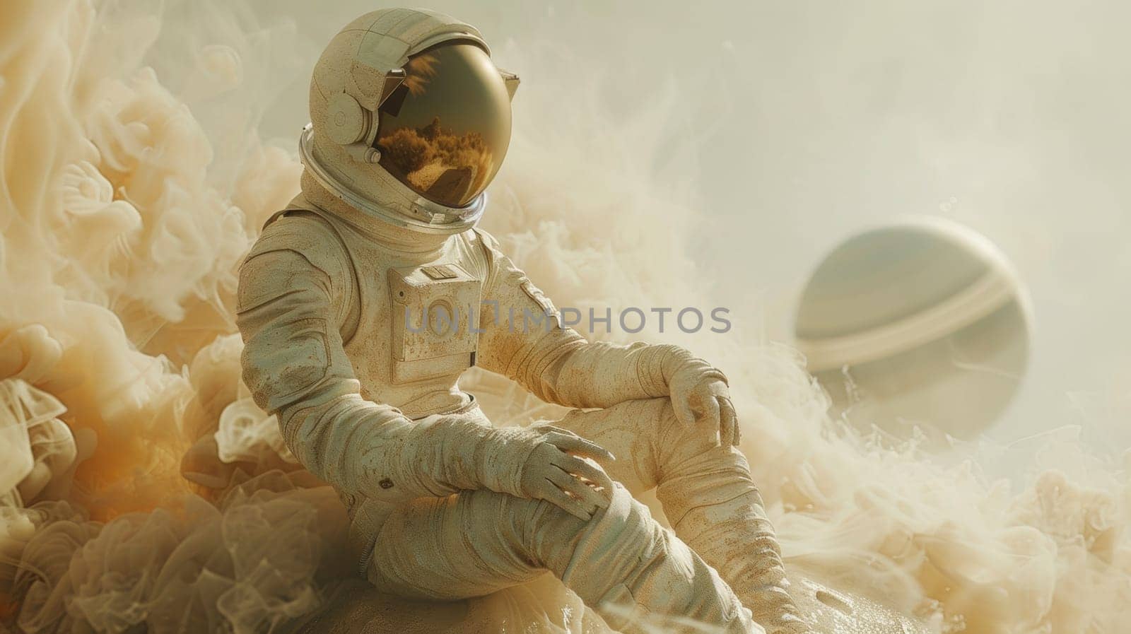 A man in an astronaut suit sitting on a cloud of dust, AI by starush