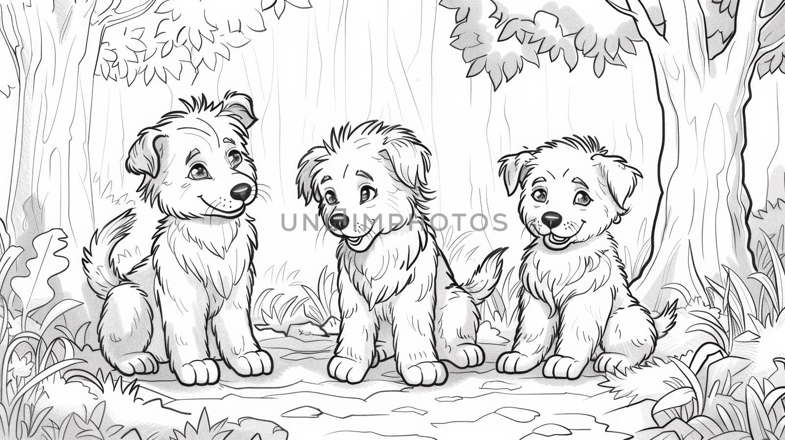 Three dogs in the woods coloring page, AI by starush