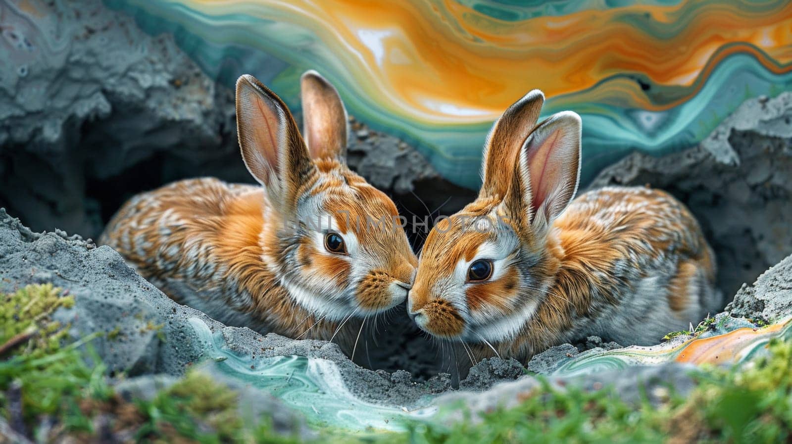 Two rabbits are sitting in a hole with colorful background