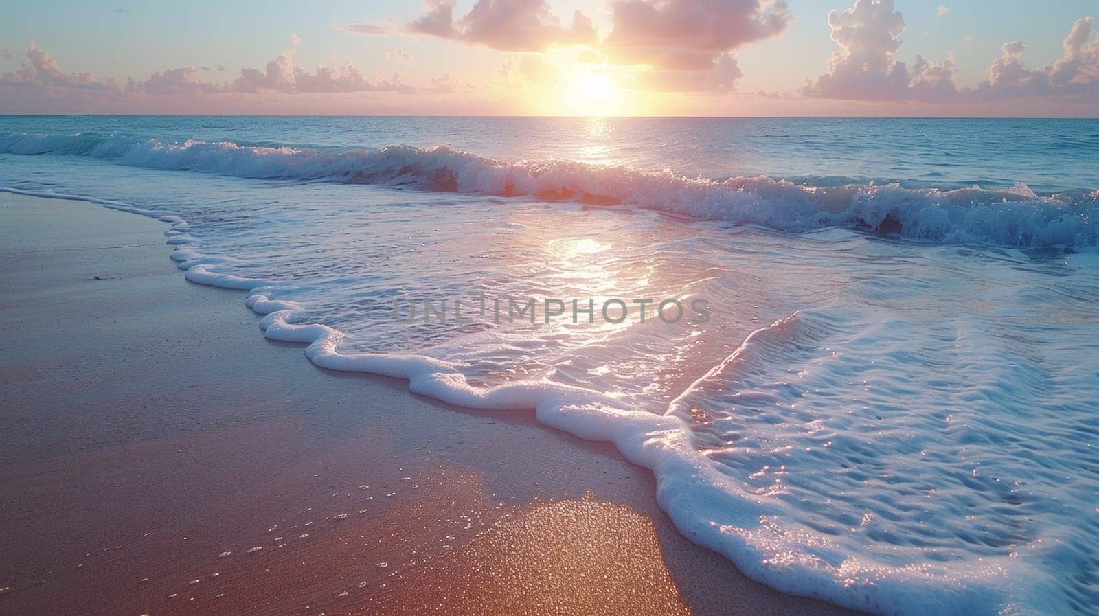 A beach with waves and a sunset in the background