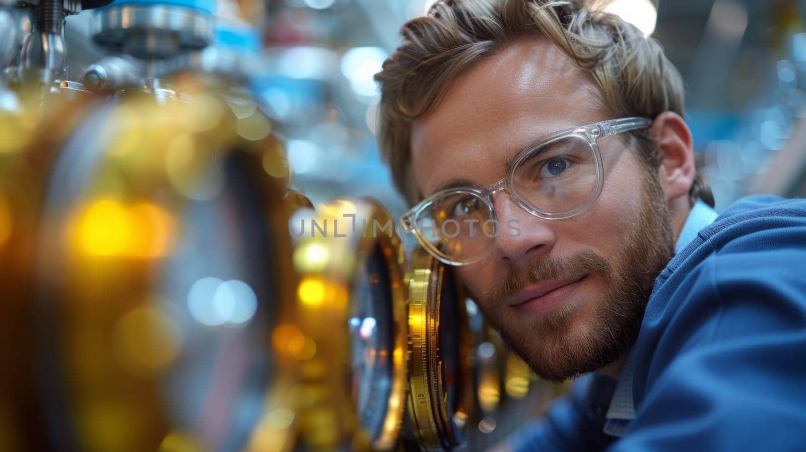 A man with glasses leaning against a wall of clocks