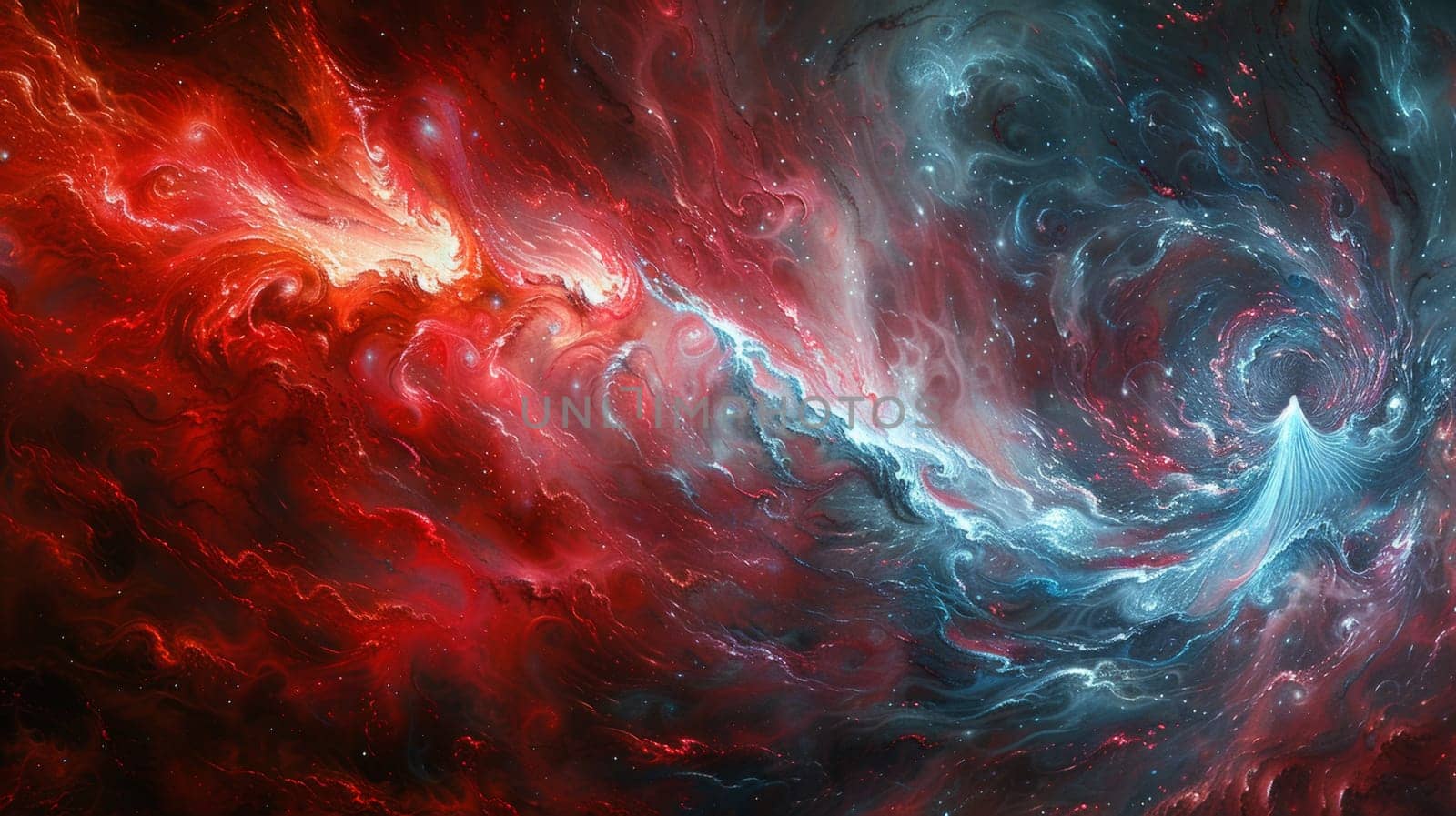 A red and blue swirls in a space like environment