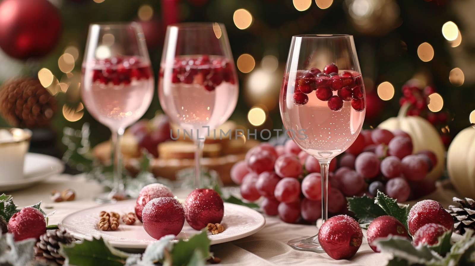 A table with a bunch of food and wine glasses on it