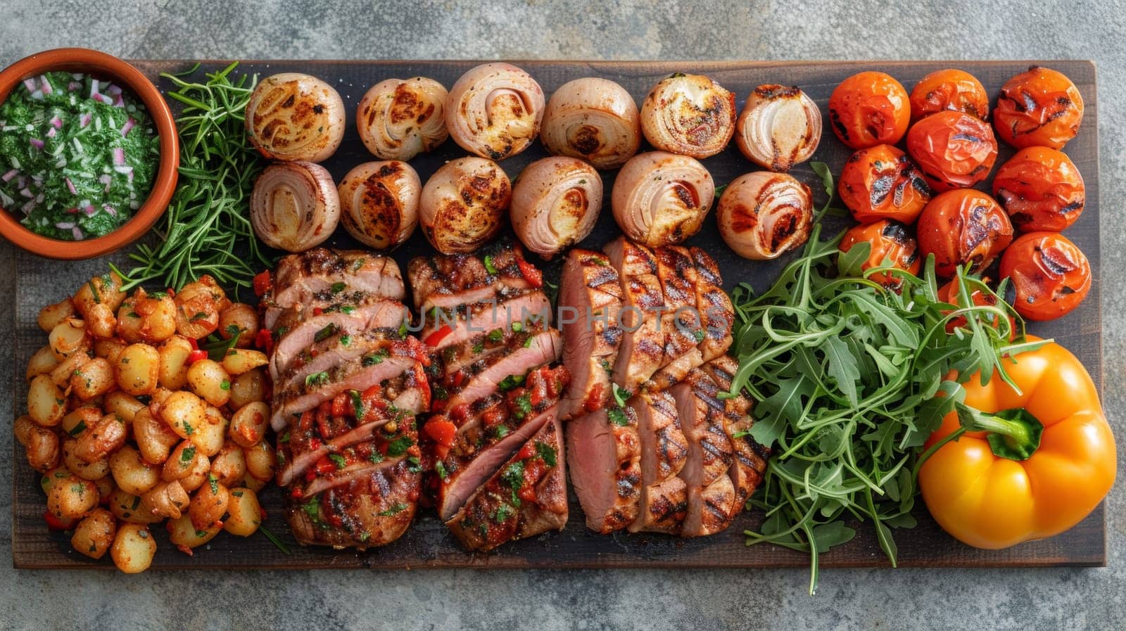 A large platter of meat and vegetables on a wooden board