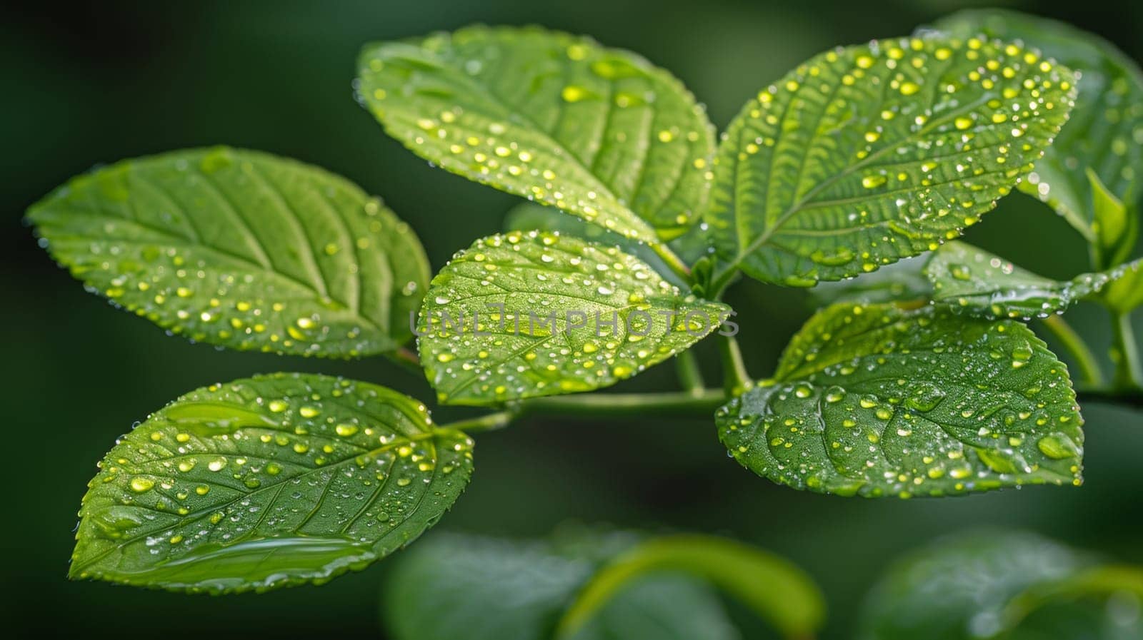 A close up of a green leaf with water droplets on it, AI by starush