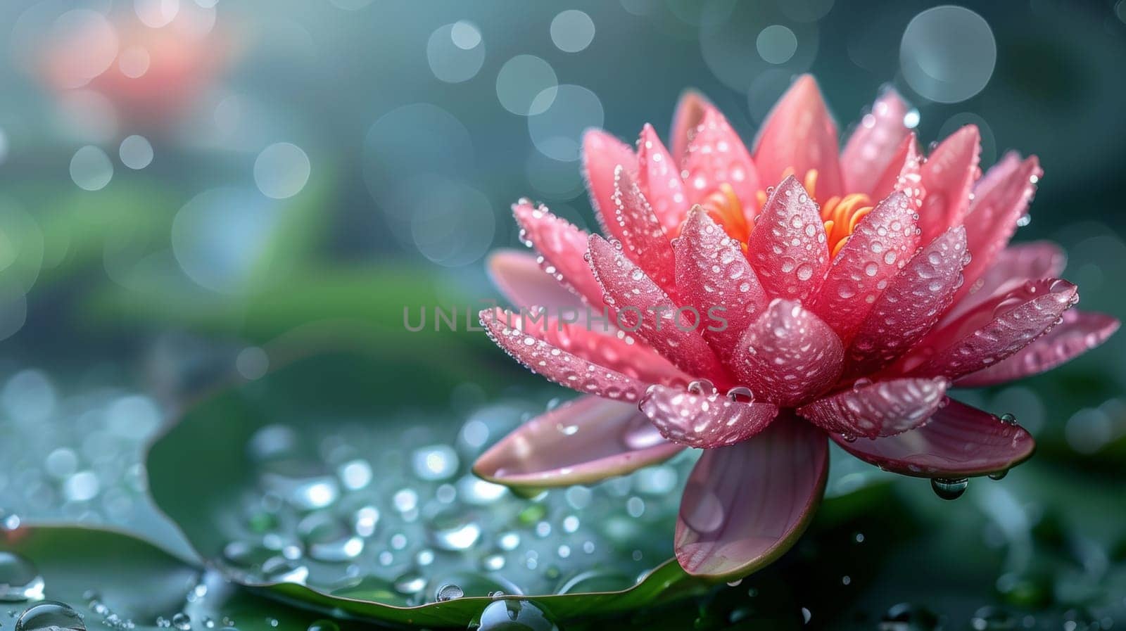 A pink flower with water droplets on it sitting in a pond
