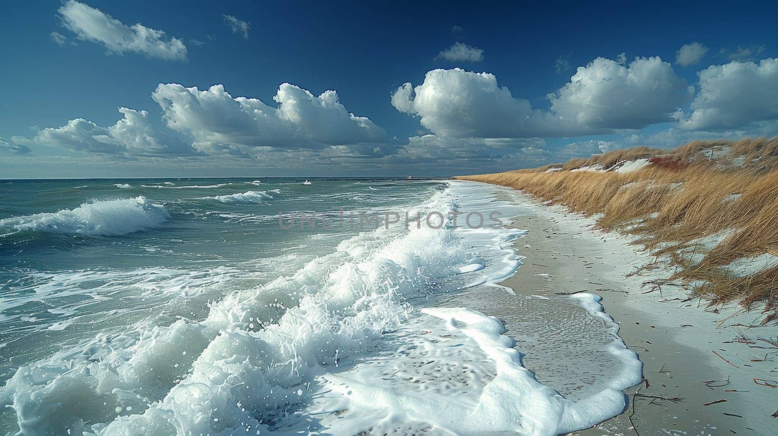 A beach with waves crashing on the shore and grasses blowing in the wind
