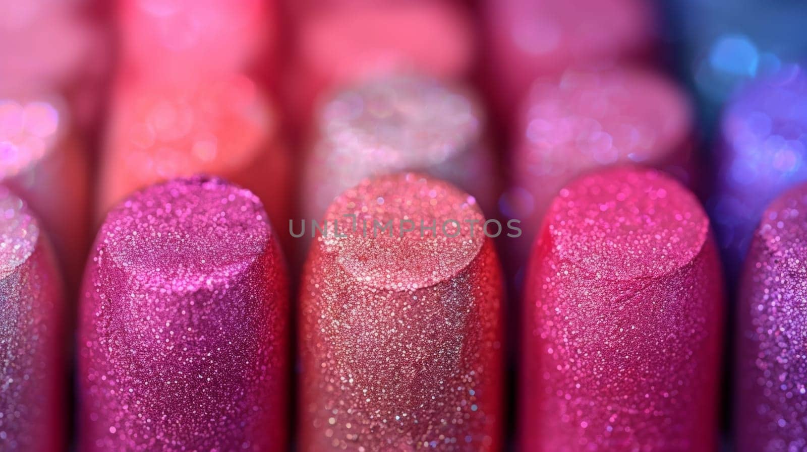 A close up of a row of pink and blue glittery lipsticks