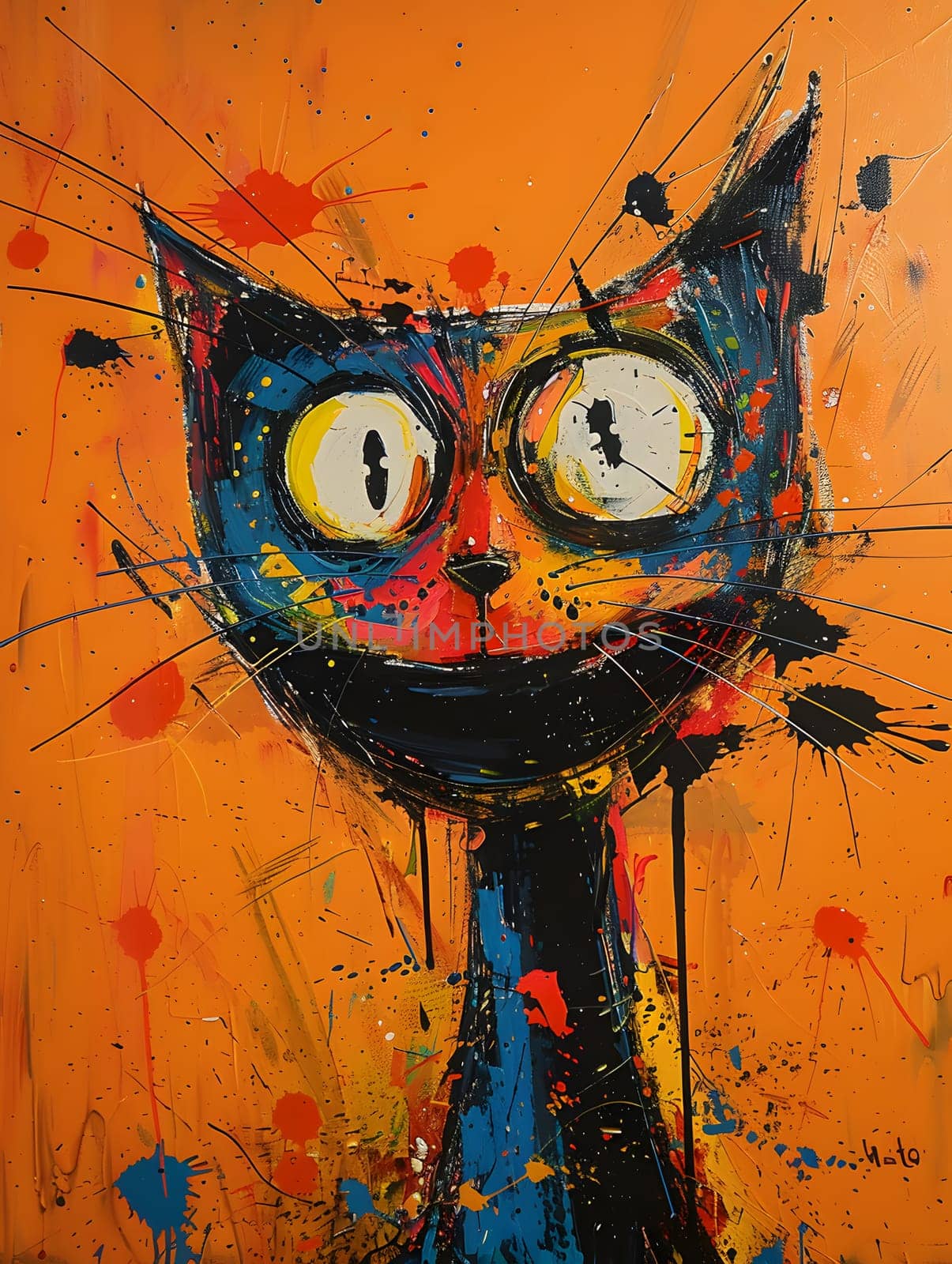 Colorful cat painting on orange canvas with owl glasses on its head by Nadtochiy