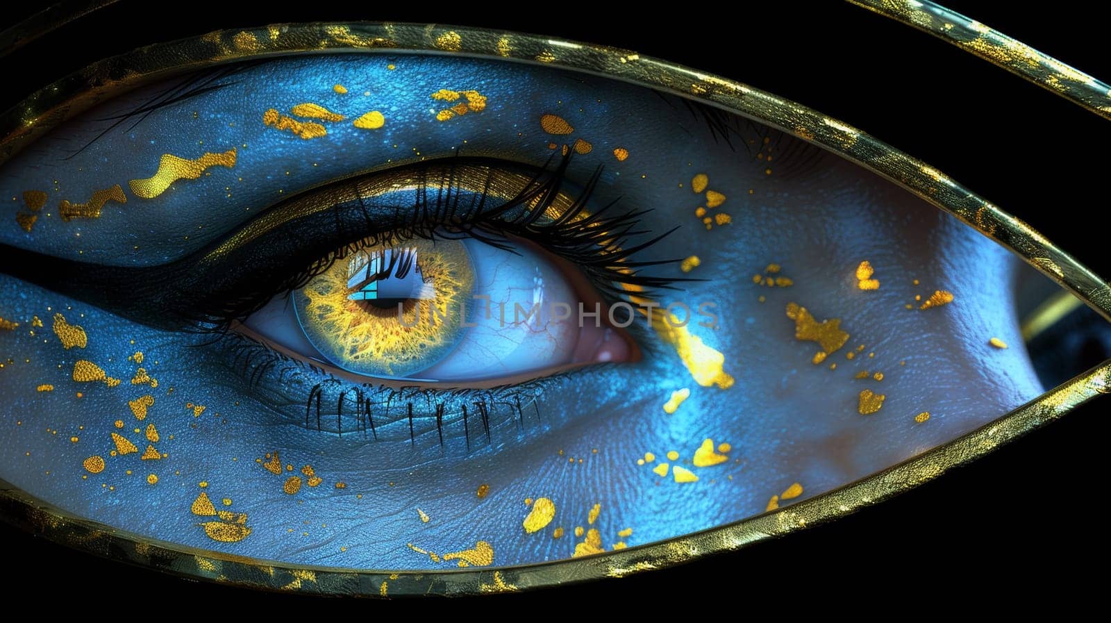 A close up of a blue eye with gold paint on it, AI by starush