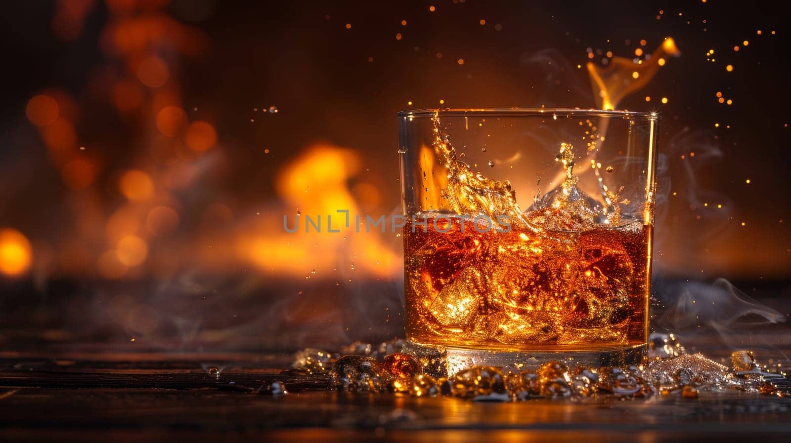 A glass of whiskey is being poured into a fire, AI by starush