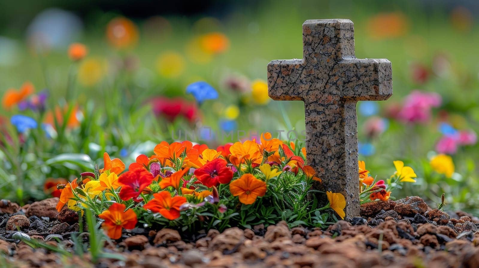A stone cross in a flower bed with colorful flowers, AI by starush
