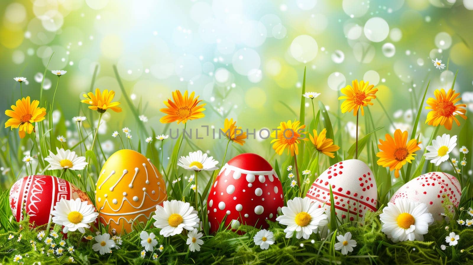 A group of easter eggs and daisies in a field