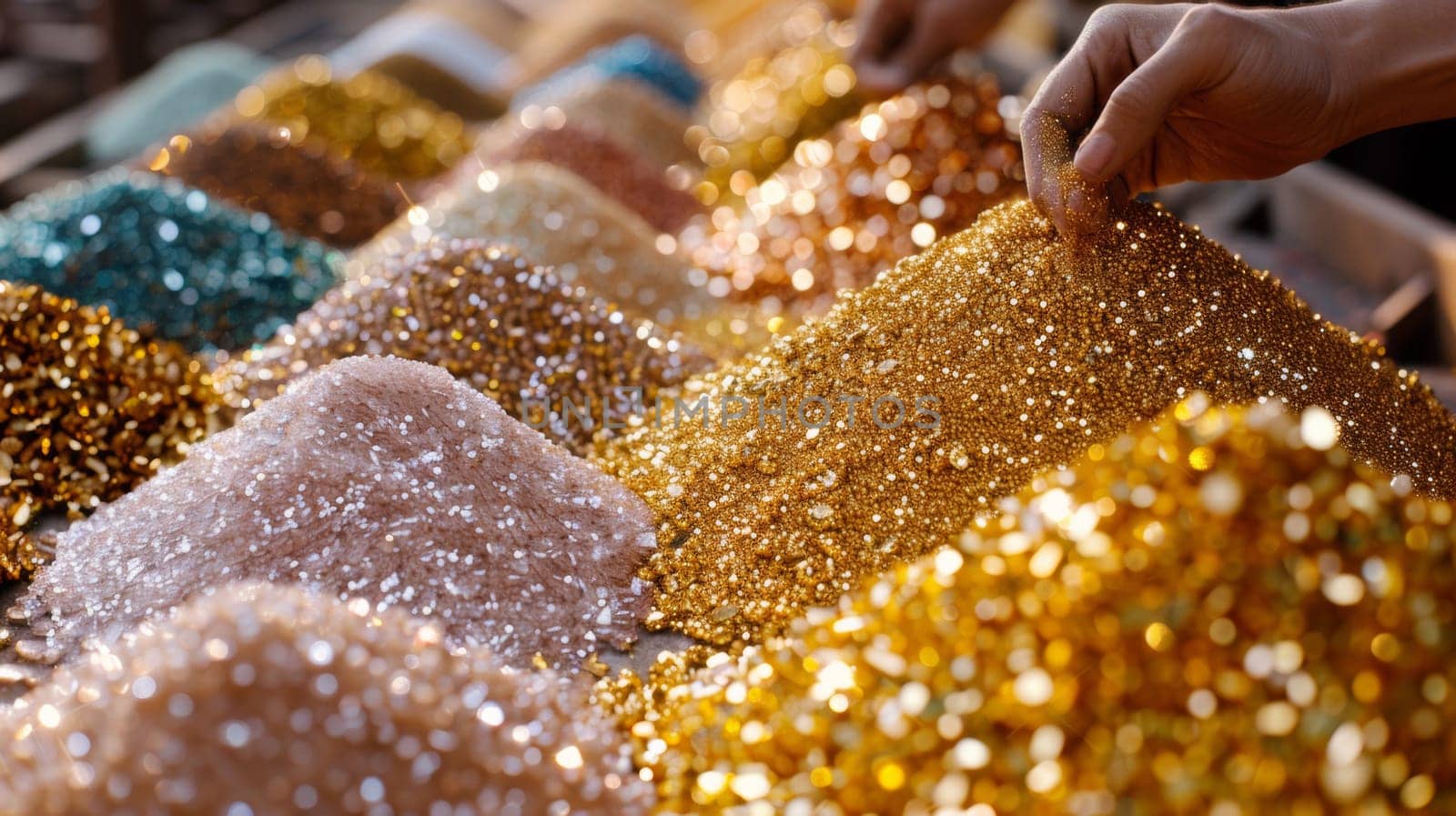 A person is putting a hand on some glittery colored sand