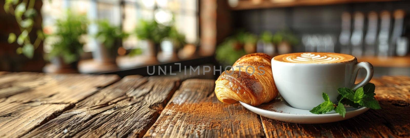 A cup of coffee and a croissant on top of the table