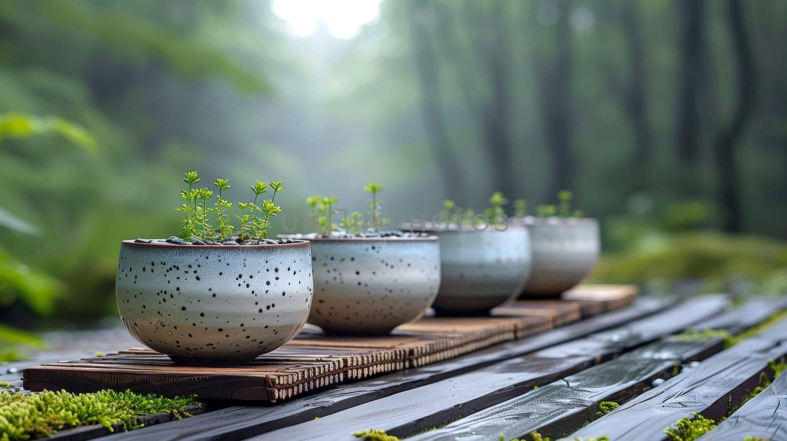 A row of five pots with plants in them sitting on a table