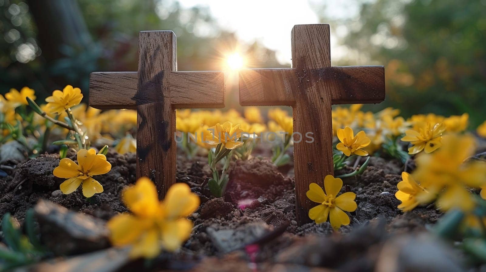 Two wooden crosses in a field of yellow flowers, AI by starush