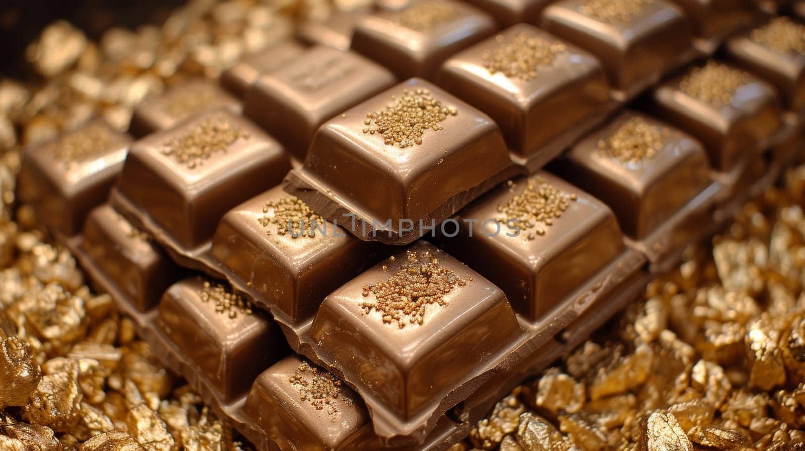 A close up of a pile of chocolate bars on top of gold