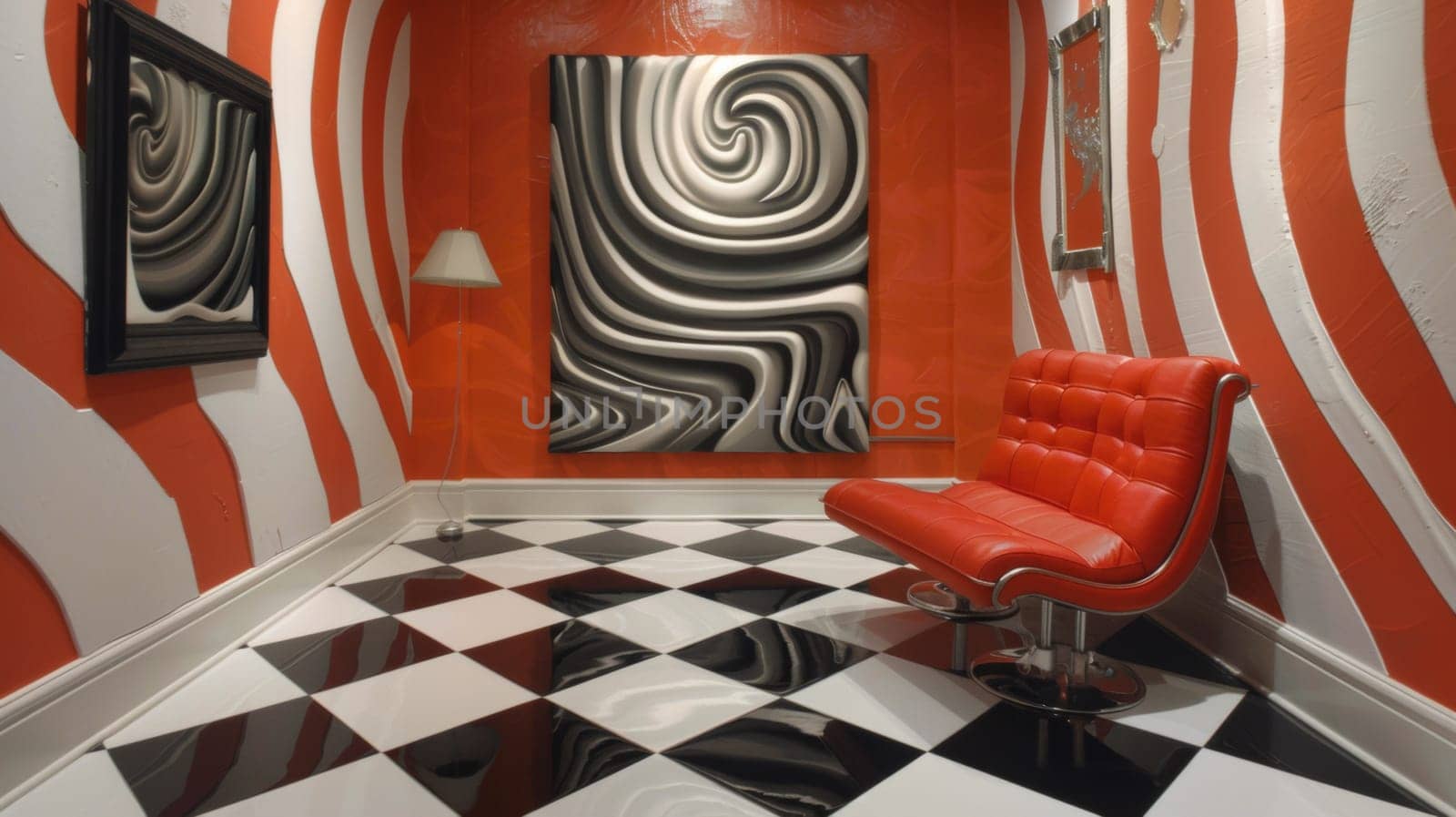 A red chair in a room with black and white checkered floor