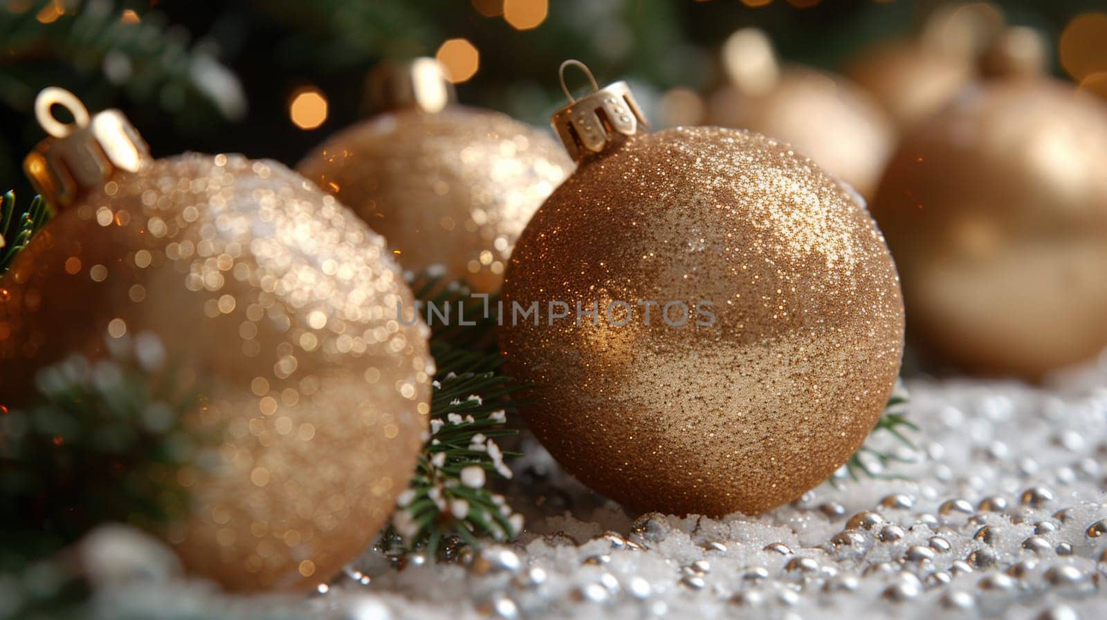 A row of shiny gold christmas ornaments on a snowy ground, AI by starush