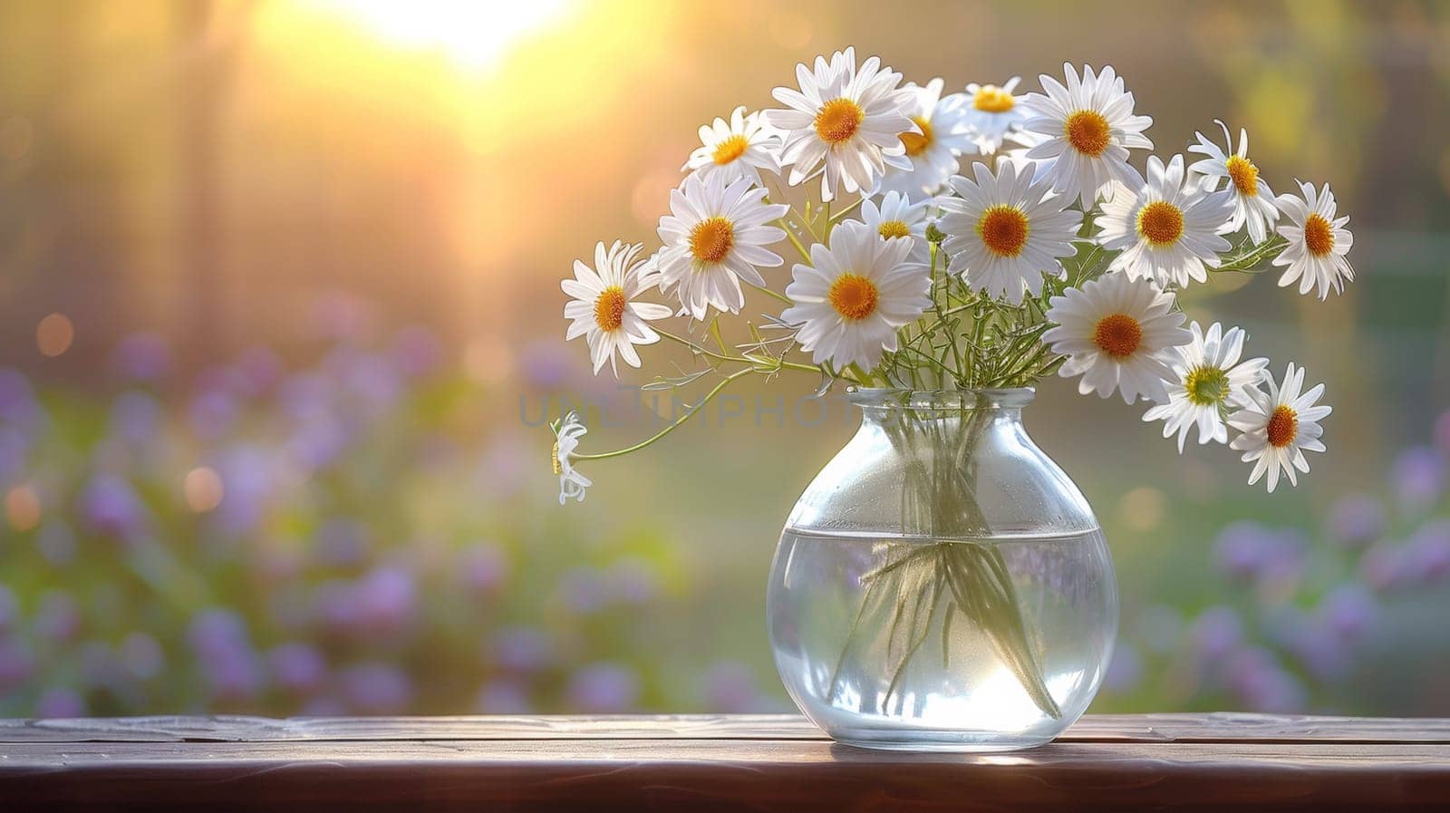 A vase of a glass filled with white daisies on top of wooden table, AI by starush