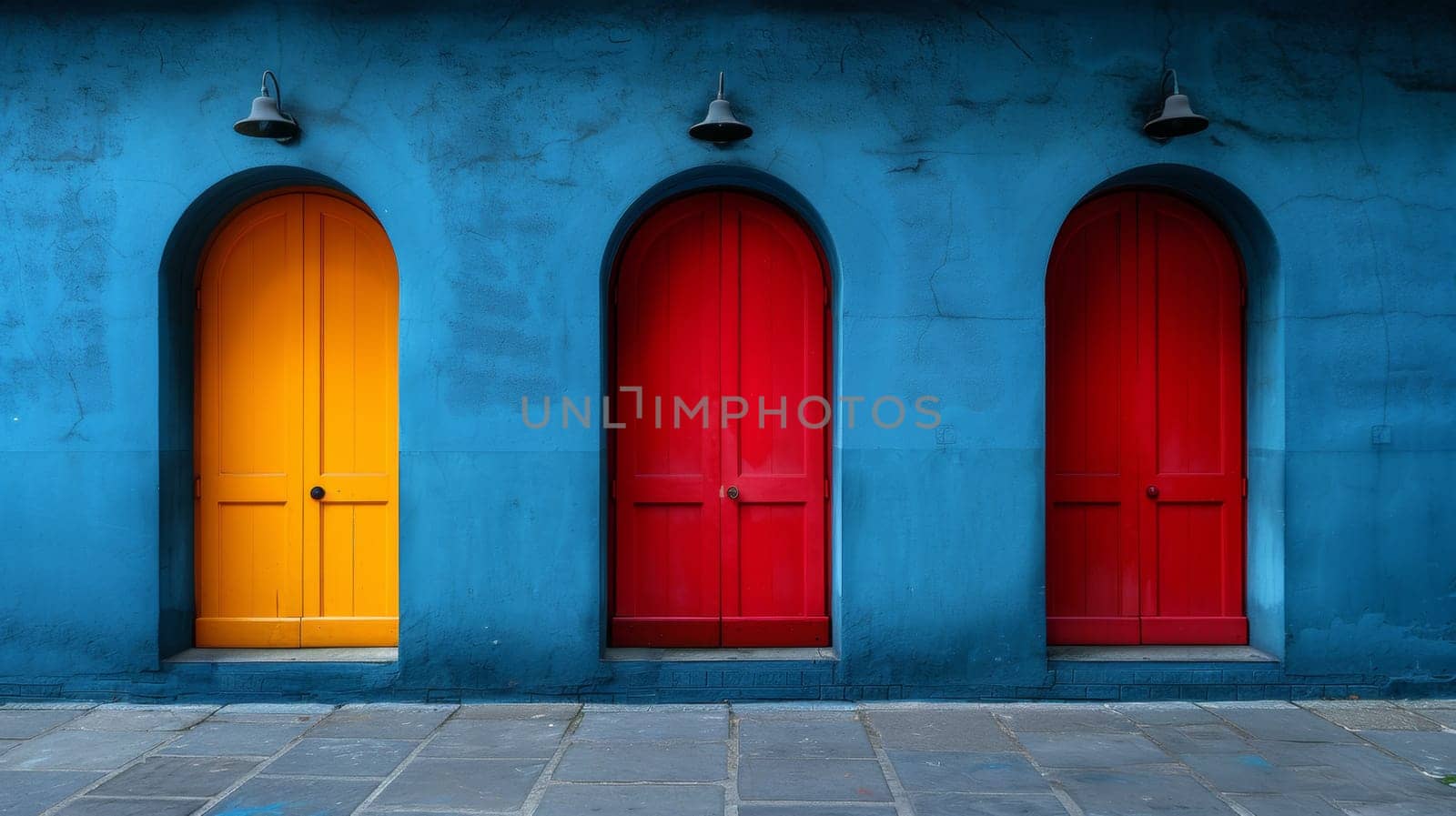 Three red, blue and yellow doors are lined up in front of a building