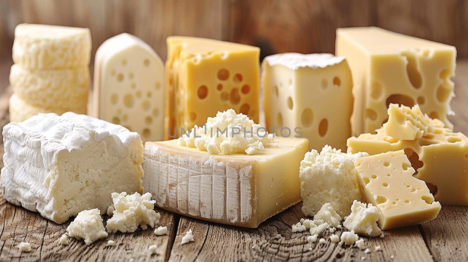 A bunch of different types and sizes of cheese on a wooden table, AI by starush