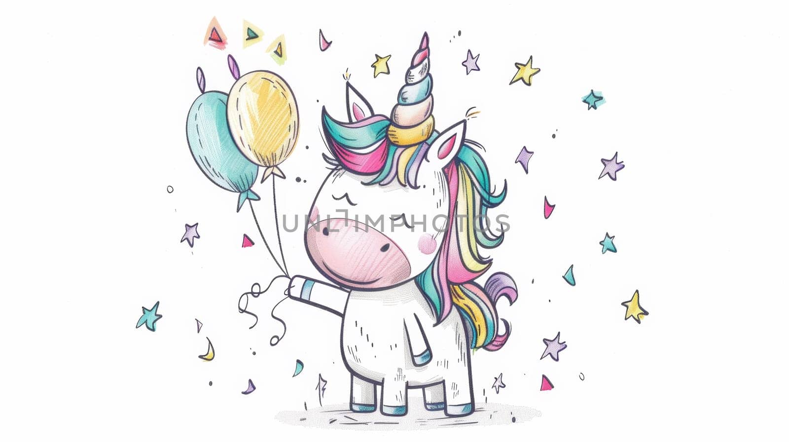 A cute cartoon unicorn holding a balloon and stars, AI by starush