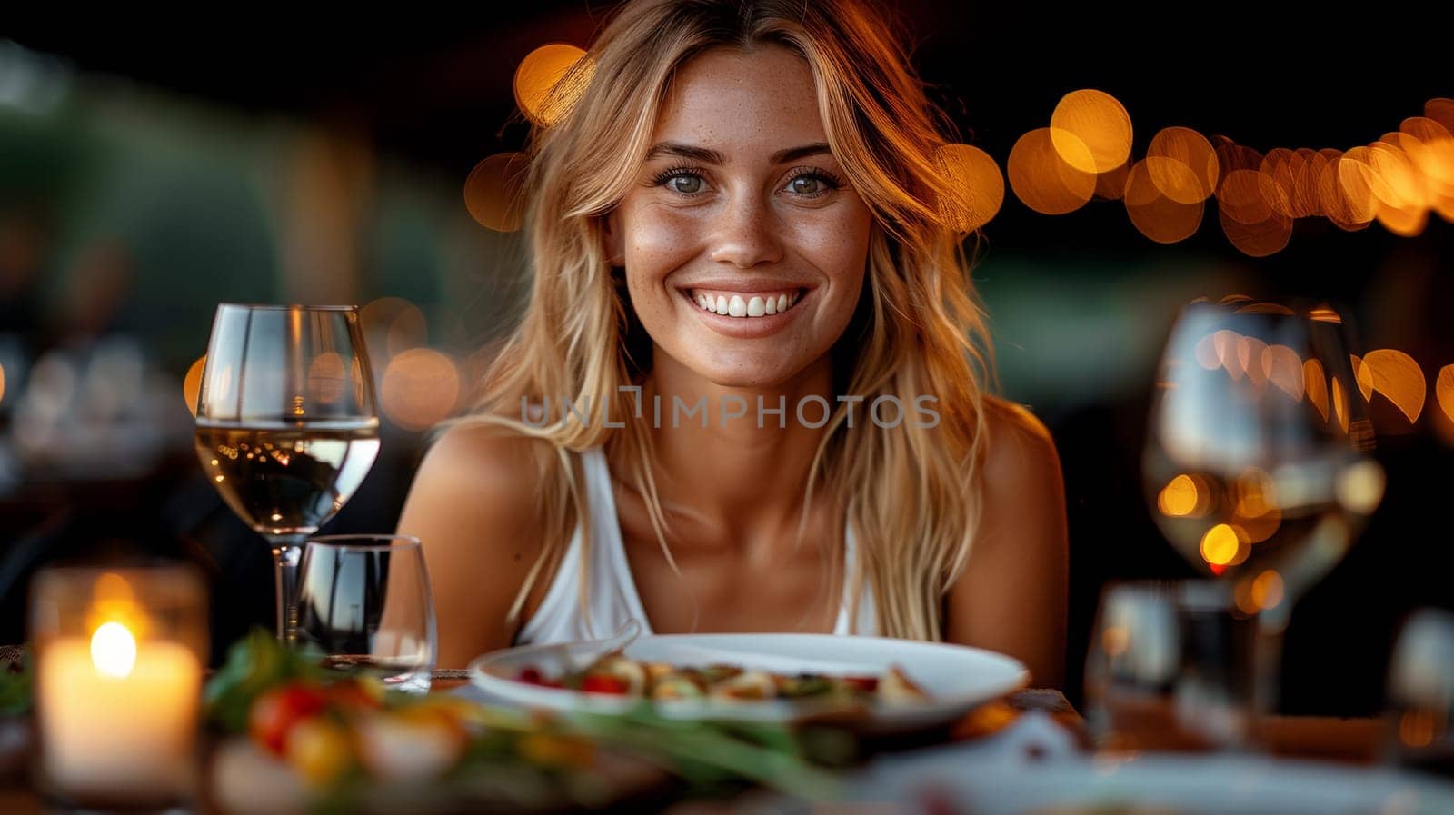 A woman smiling at the camera while sitting in front of a plate with food, AI by starush