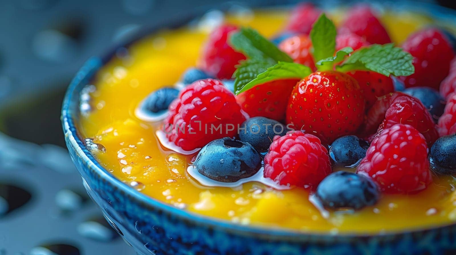 A bowl of a blue and yellow fruit salad with berries, AI by starush