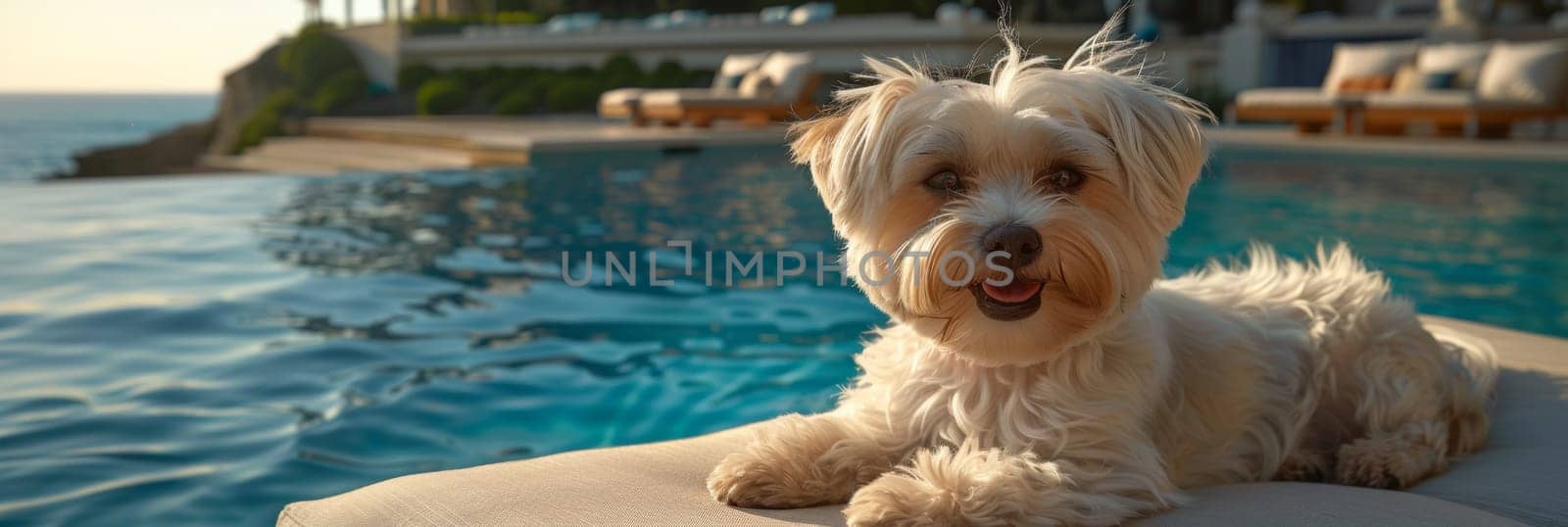 A small white dog sitting on a cushion next to the pool, AI by starush