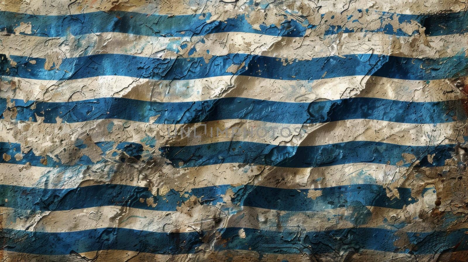 A close up of a blue and white striped flag with some paint on it