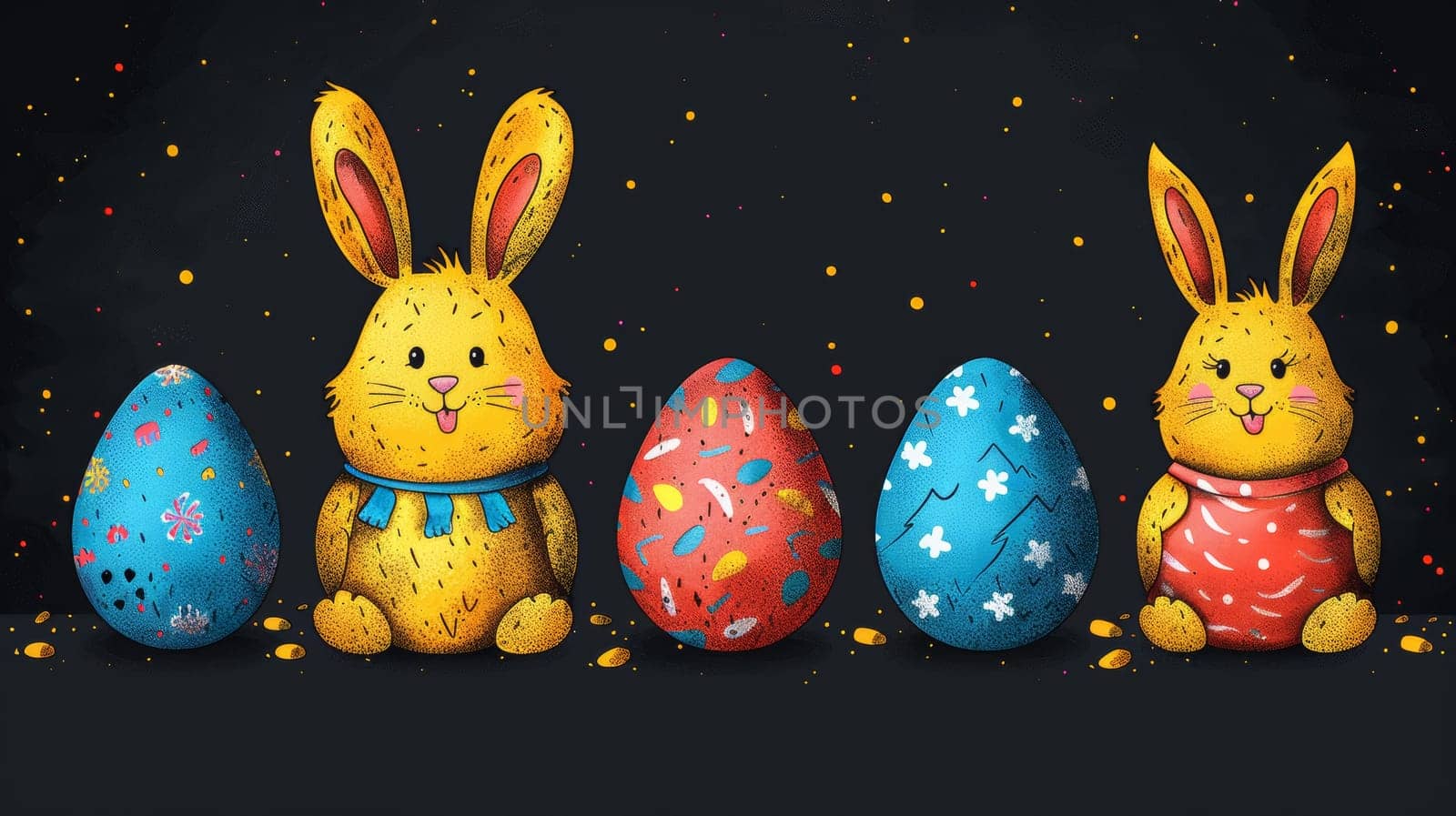 A group of easter bunnies are sitting next to decorated eggs, AI by starush