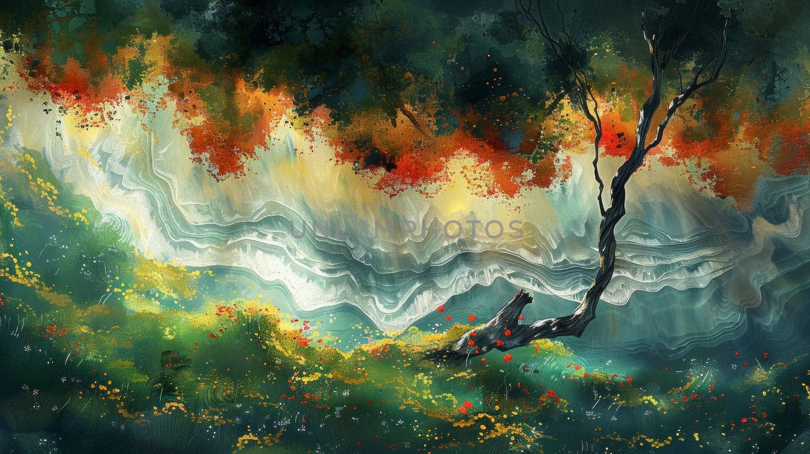 A painting of a tree sitting on top of some grass, AI by starush