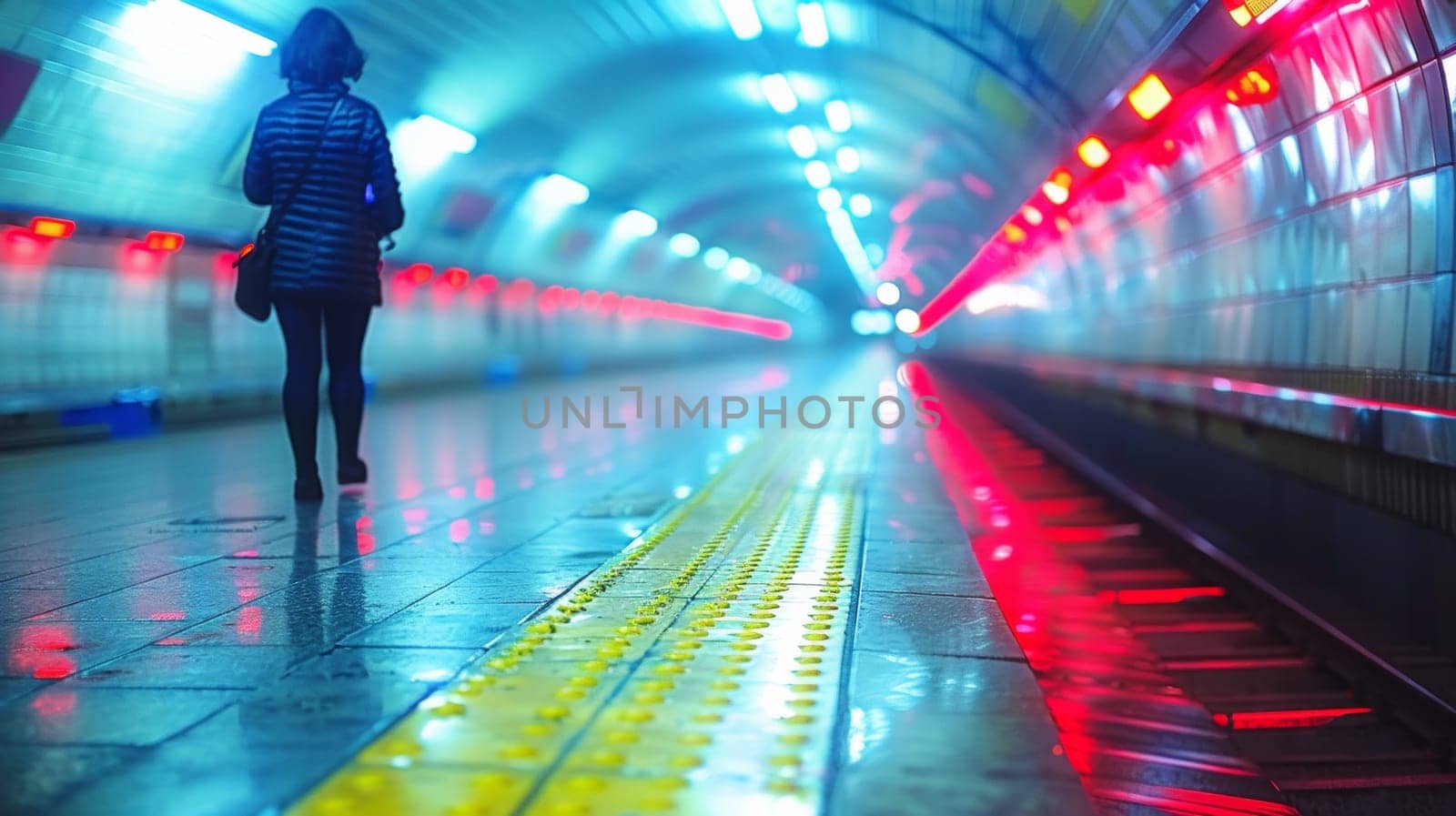 A woman walking down a subway tunnel with red and blue lights