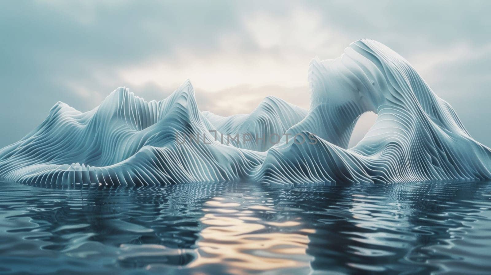 A large iceberg floating in the water with waves on it