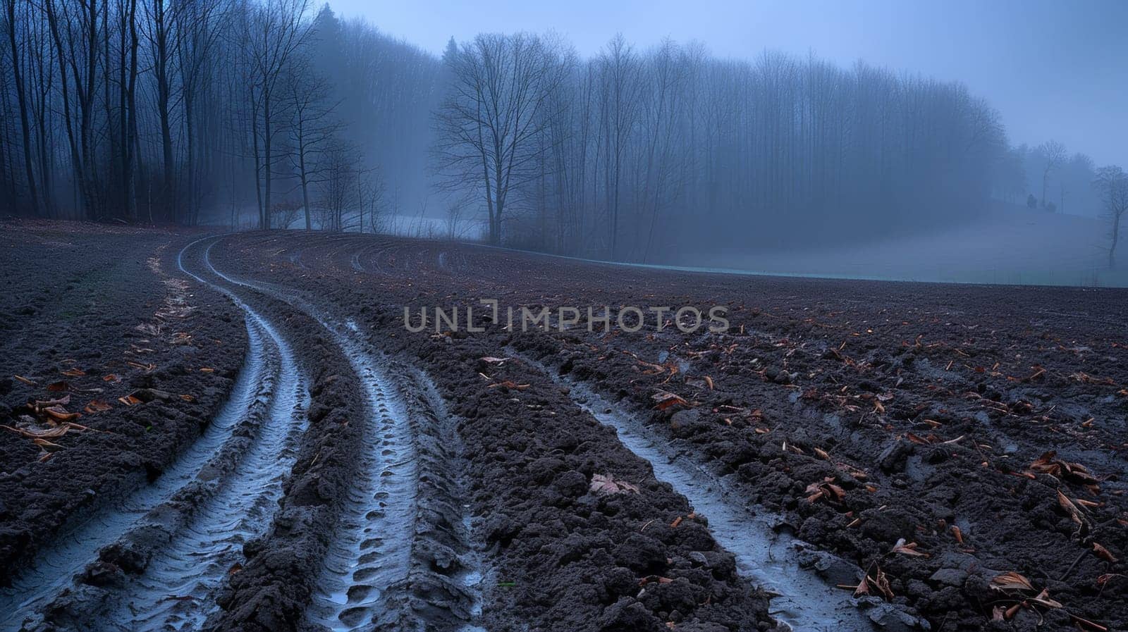 A muddy field with a tree in the middle of it