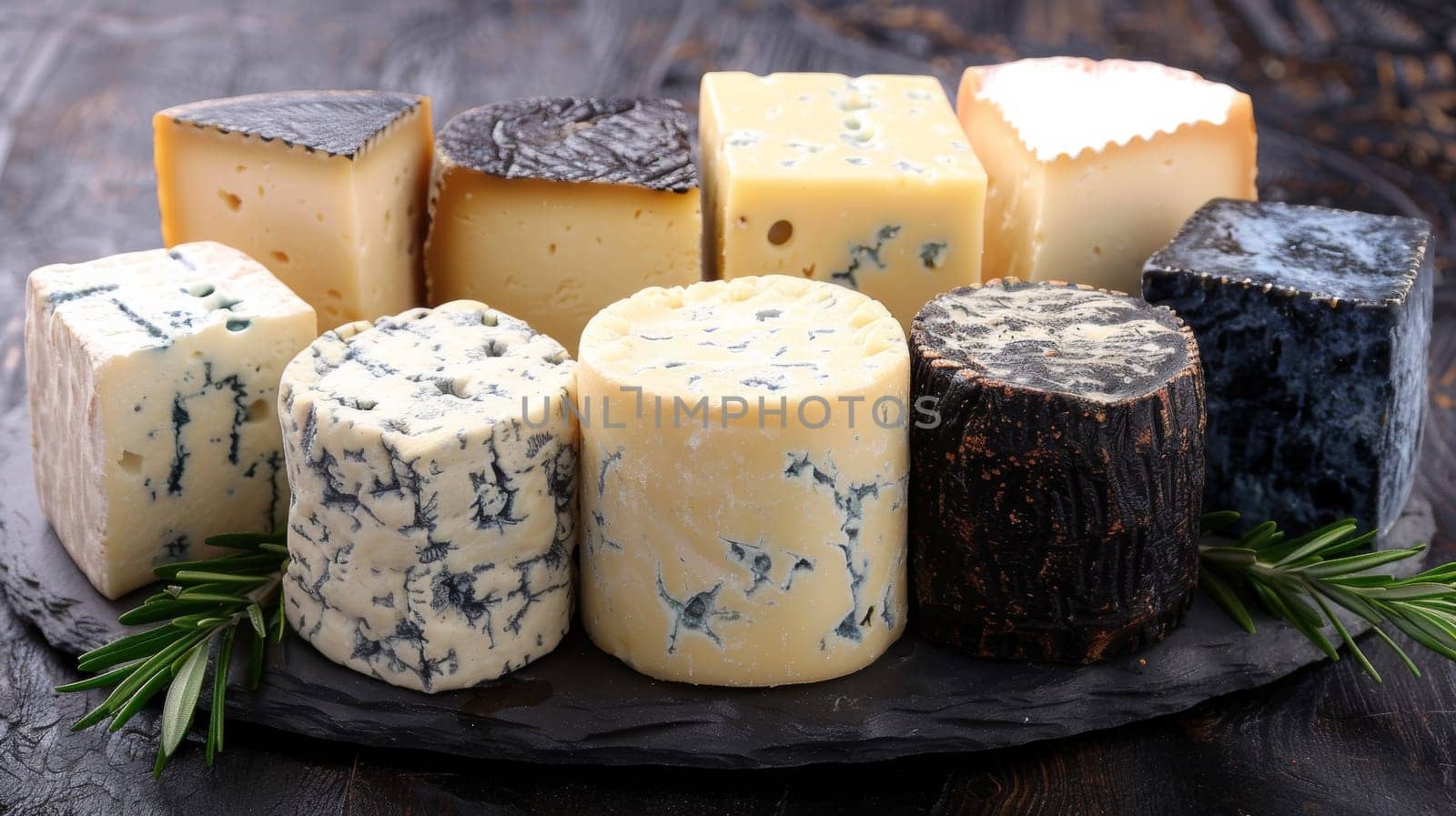 A group of different types and colors of cheese on a plate