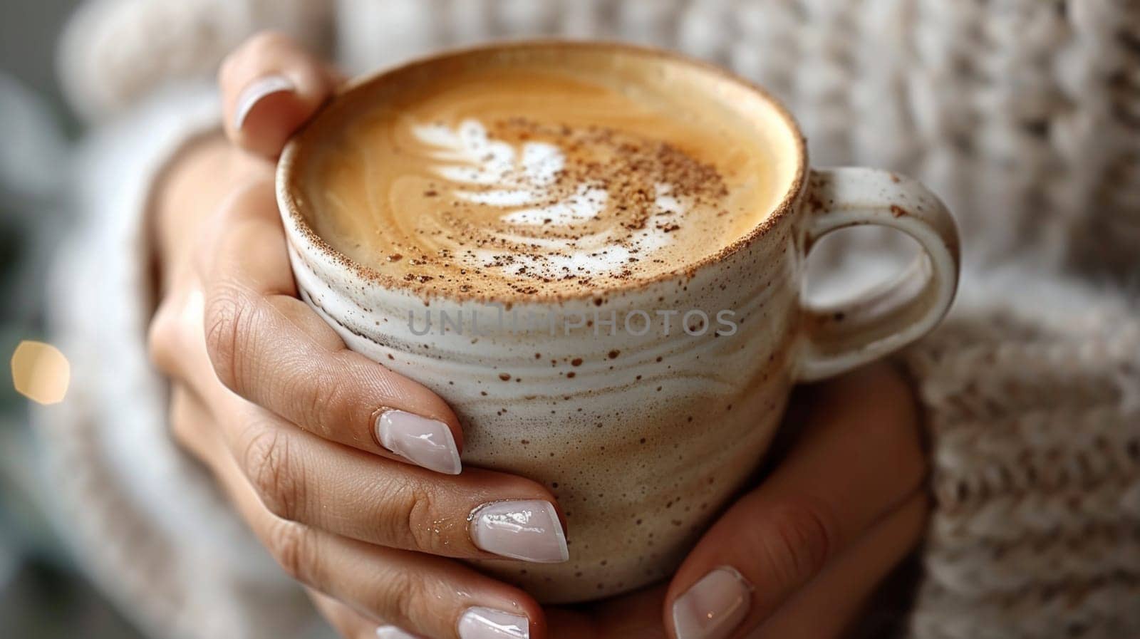 A woman holding a coffee cup with latte art on it