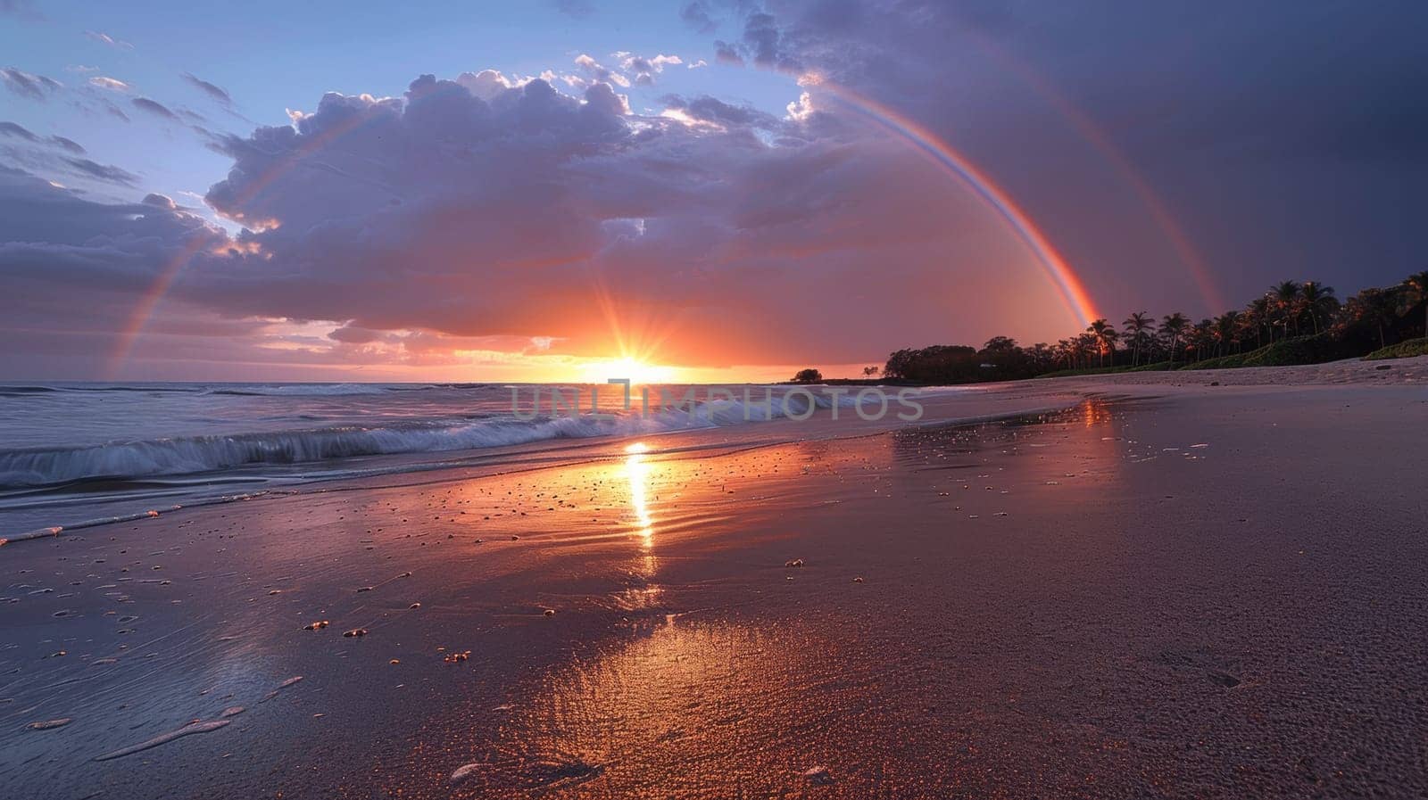 A double rainbow over the ocean at sunset on a beach, AI by starush